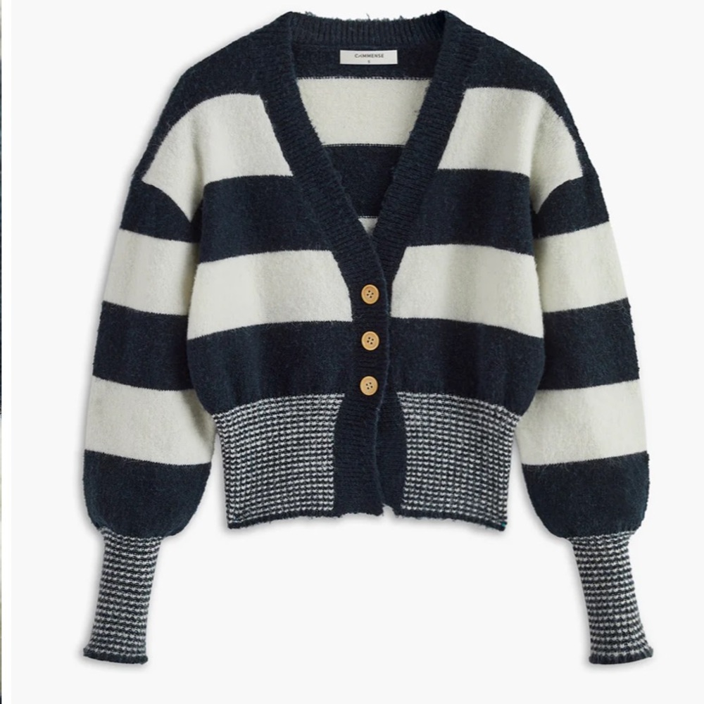 NWT COMMENSE WOOL BLEND STRIPED CINCH CARDIGAN SWEATER IN BLUE SZ XS